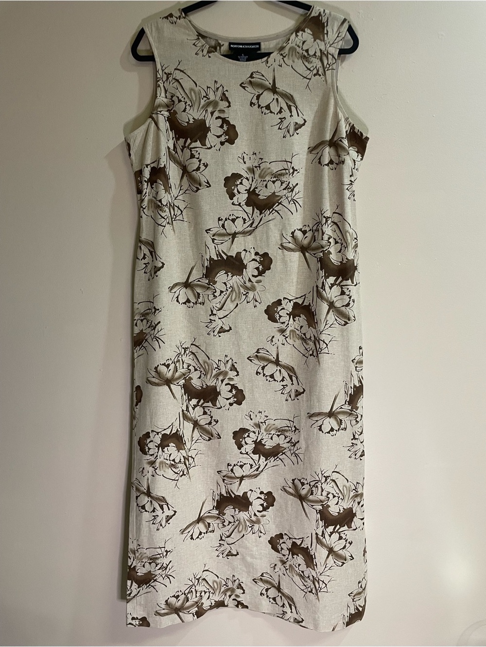 Norton McNaughton Size L Sleeveless Floral Linen Cotton Maxi Dress – Beige Brown